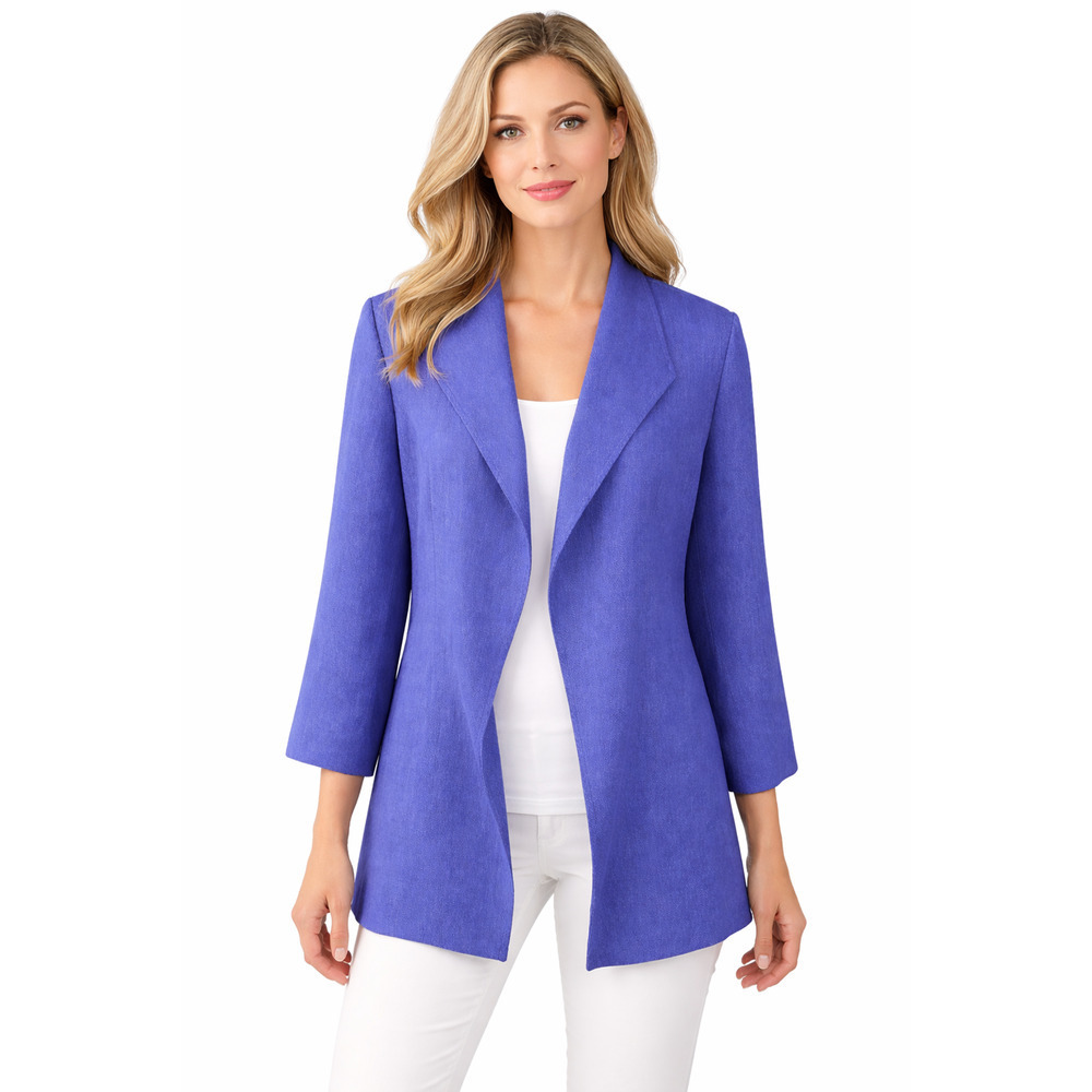 Eileen Fisher Jacket Blazer Size 3X Blue Open Front Linen Blend 3/4 Sleeve
